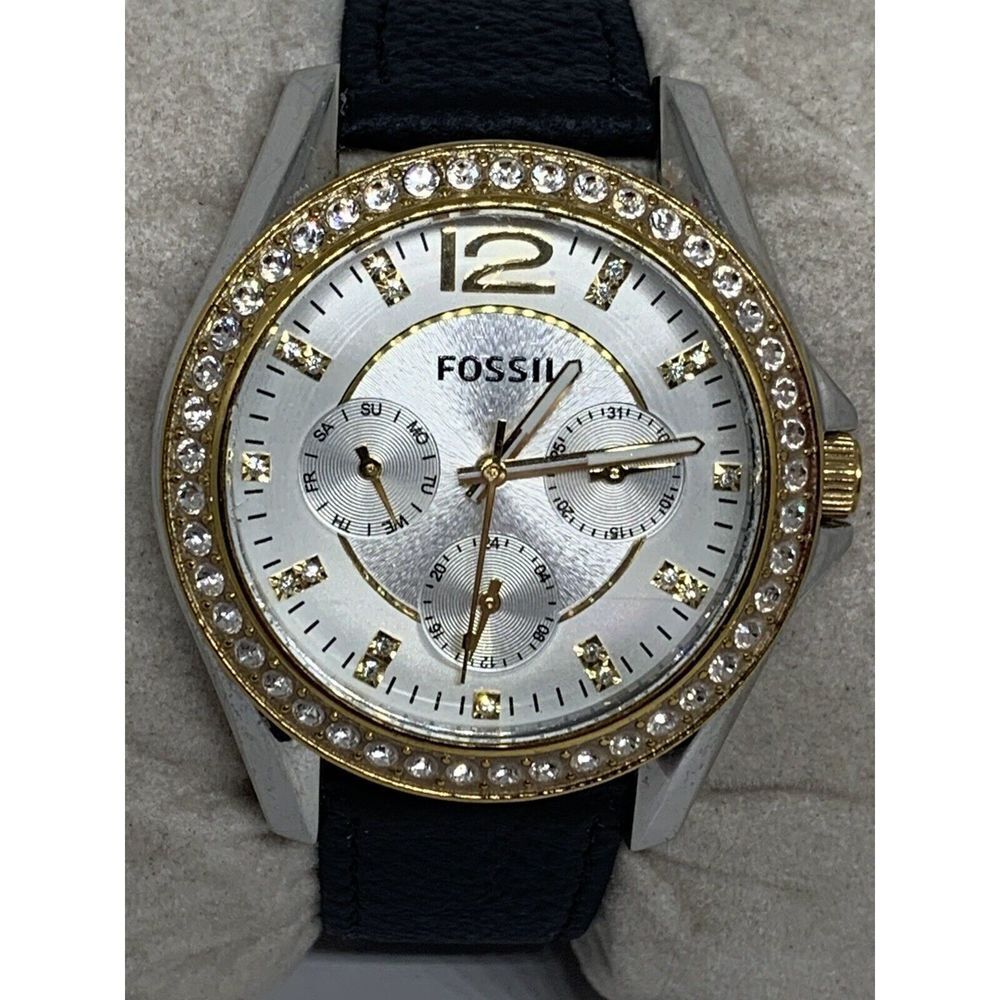 Fossil ES3204 Women Black Leather Analog Silver Dial Quartz Genuine Watch HK834